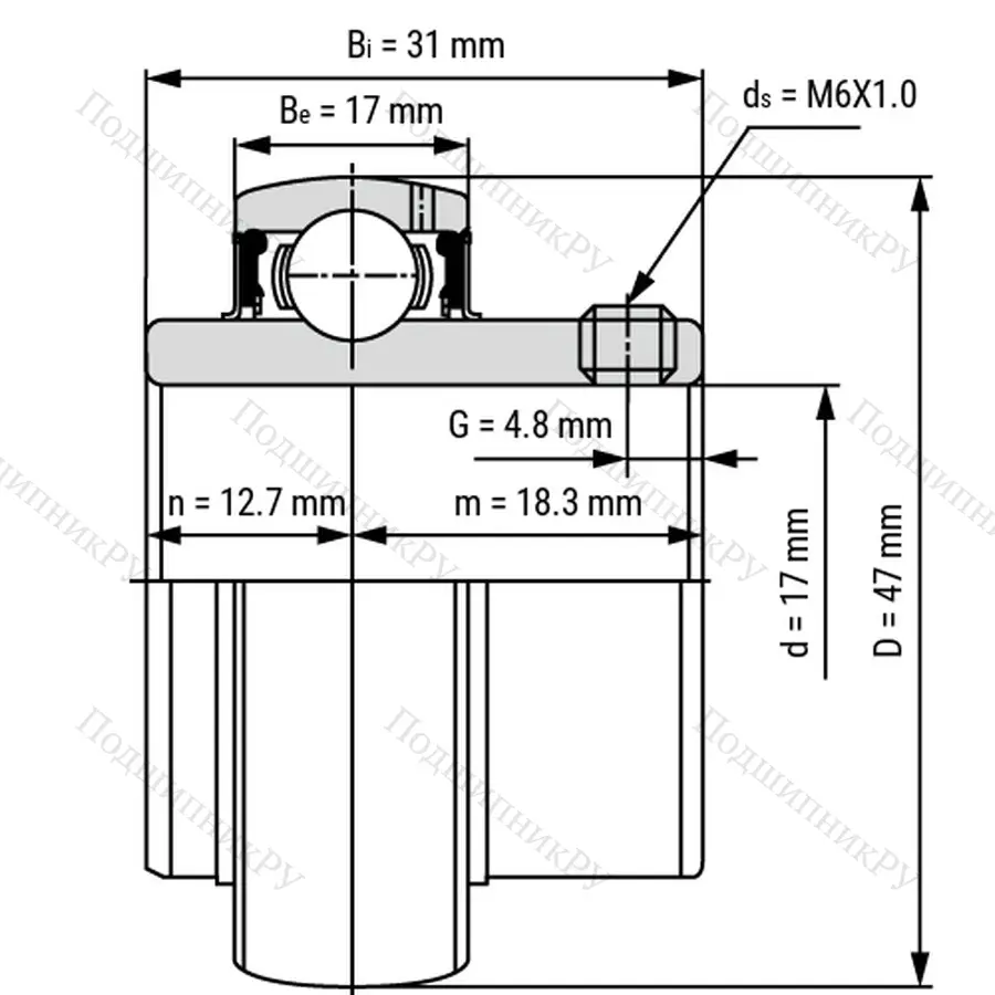 Радиальный шарикоподшипник из нержавеющей стали SS UC 203 - Вал 17мм